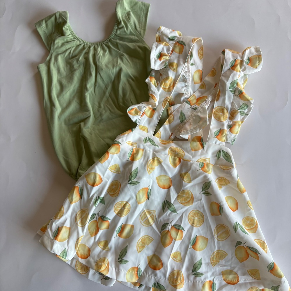 Baileys Blossoms Toddler Girls 2T Lemon Pinafore Skirt and Green Leotard Set NWT